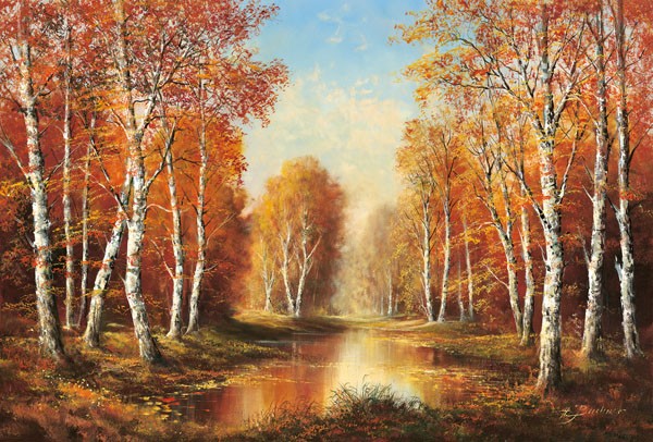 H. Buchner, GOLDENER OKTOBER (Landschaft, Landschaftsmalerei, Fluss, Nostalgie, Idylle, Bäume, Birken, Herbst, Jahreszeit, Ruhe, Einsamkeit, Wohnzimmer, Schlafzimmer, Treppenhaus, Malerei, Wunschgröße, bunt)