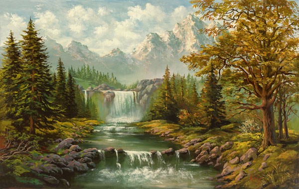 Ada/Kris, WASSERFALL II (Landschaft, Berge, Gebirge,  Wald, Tannen, Wasserfall, Idylle, Nostalgie, Wohnzimmer, Treppenhaus, Wunschgröße, bunt)