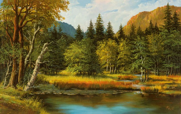 Ada/Kris, WALDSEE (Landschaft, Berge, Wald, Bäume, Waldsee,  Idylle, Nostalgie, Postromantik, Wohnzimmer, Treppenhaus, Wunschgröße, bunt)