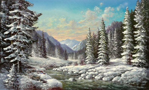 Helmut Glassl, WINTER IN SIBIRIEN (Malerei, Landschaften, Natur, Wald, Winter, Schnee, Fluss, Tannen, Berge, Idylle, Ruhe, Bäume, Einsamkeit, Wohnzimmer, Treppenhaus, Nostalgie,  Wunschgröße, bunt)