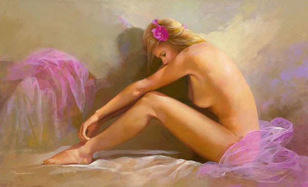 Spartaco Lombardo, IN THE MORNING (People & Eros, Frau, nackt, Akt, sitzender Akt, nachdenklich, Erwartung,  Erotik, Schlafzimmer, Malerei, Wunschgröße, figurativ, bunt)