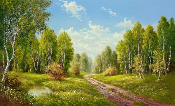 H. Buchner, EINSAMER WALDWEG (Landschaft, Landschaftsmalerei,  Bach, Wanderweg, Wald,  Nostalgie, Idylle, Bäume, Birken,  Ruhe, Einsamkeit, Wohnzimmer, Schlafzimmer, Treppenhaus, Wunschgröße, Malerei, bunt)