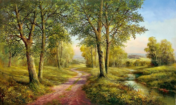 H. Buchner, SCHLOSSWEG (Landschaft, Landschaftsmalerei, Weg, Nostalgie, Idylle, Bäume, Birken, Ruhe, Einsamkeit, Wohnzimmer, Schlafzimmer, Treppenhaus, Malerei, Wunschgröße, bunt)