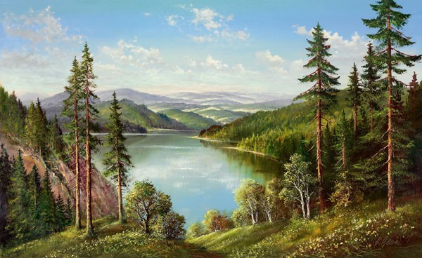 Helmut Glassl, BERGSEE (Malerei, Landschaften, Natur,    See, Berge, Panorama,   Einsamkeit, Idylle, Ruhe, Bäume, Nostalgie, Wohnzimmer, Treppenhaus, Wunschgröße, bunt)