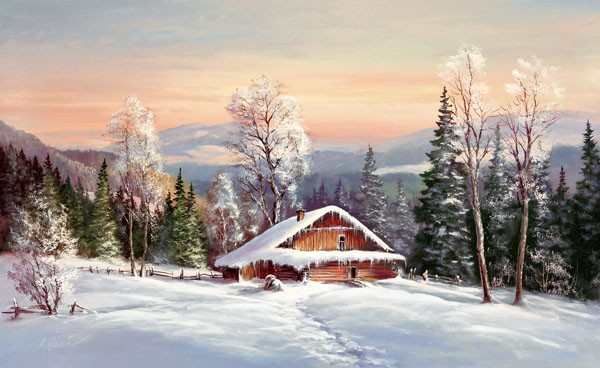 Helmut Glassl, WINTER IN SIBIRIEN (Malerei, Landschaften, Natur, Wald, Winter, Schnee, Berge, Spuren im Schnee,  Sibirien, Idylle, Ruhe, Bäume, Einsamkeit, Wohnzimmer, Treppenhaus, Wunschgröße, bunt)