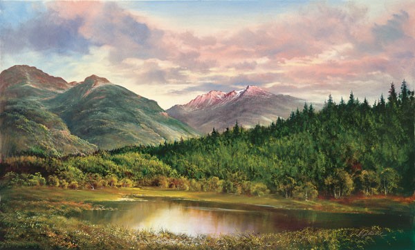 Helmut Glassl, IDYLLISCHE AUSSICHT (Malerei, Landschaften, Natur,    See, Panorama, Berge,  Einsamkeit, Idylle, Ruhe, Bäume, Nostalgie, Wohnzimmer, Treppenhaus, Wunschgröße, bunt)