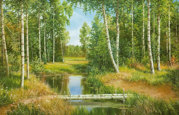 Igor Osipov, BIRKENHAIN BEI POKROVSKOJE (Landschaft, Landschaftsmalerei, Birken, Wald, Bach, Idylle, Matur, Wunschgröße, Malerei, Wohnzimmer, bunt)