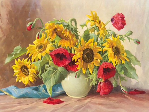 E. Krüger, MOHN UND SONNENBLUMEN (Sonnenblumen, Mohn, Blumenvase, Blumenstrauß, Blüten, üppig, Sommer, Stillleben, Nostalgie, Malerei, Esszimmer, Wohnzimmer, Wunschgröße, bunt)