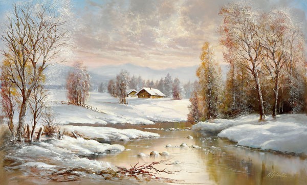 Helmut Glassl, WINTER TWILIGHT (Malerei, Landschaften, Natur, Wald, Winter, Schnee, Fluss, Hütte, Dämmerung, Idylle, Ruhe, Bäume, Einsamkeit, Wohnzimmer, Treppenhaus, Wunschgröße, bunt)