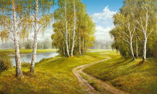 Helmut Glassl, ROMANTIC PATHWAY (Malerei, Landschaften, Natur,    Birken, Fluss, Wanderweg, Pfad, Einsamkeit, Idylle, Ruhe, Bäume, Nostalgie, Wohnzimmer, Treppenhaus, Wunschgröße, bunt)