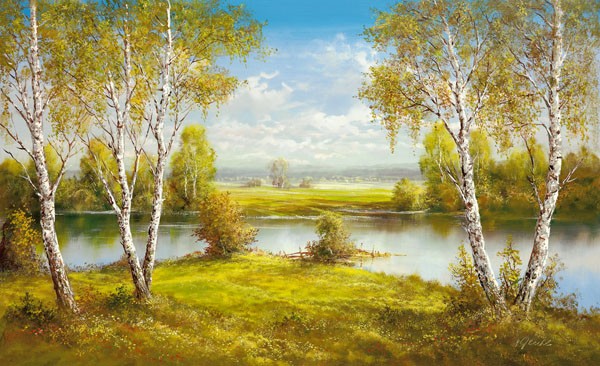 Helmut Glassl, REFLECTIONS OF SPRING (Malerei, Landschaften, Natur,    Birken, Fluss, Einsamkeit, Idylle, Ruhe, Bäume, Frühling, Nostalgie, Wohnzimmer, Treppenhaus, Wunschgröße, bunt)