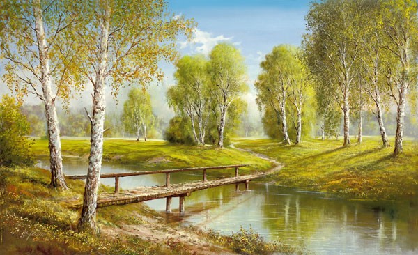 Helmut Glassl, BRIDGE INTO PARADISE (Malerei, Landschaften, Natur,    Birken, Fluss, Holzbrücke, Wanderweg, Pfad, Einsamkeit, Idylle, Ruhe, Bäume, Nostalgie, Wohnzimmer, Treppenhaus, Wunschgröße, bunt)