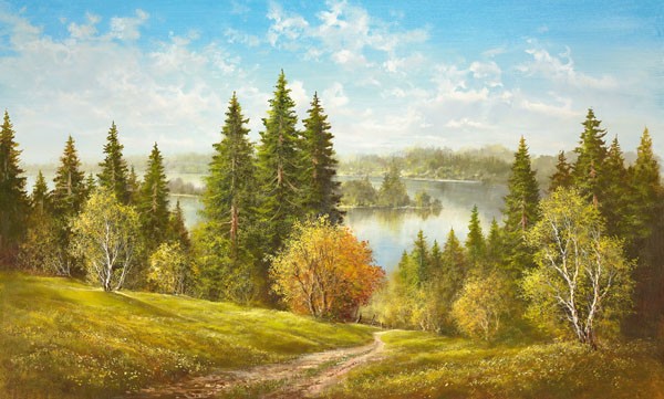 Helmut Glassl, LAKE NEAK CERNIVCI (Malerei, Landschaften, Natur,    See, Panorama, Wanderweg, Pfad, Einsamkeit, Idylle, Ruhe, Bäume, Nostalgie, Wohnzimmer, Treppenhaus, Wunschgröße, bunt)