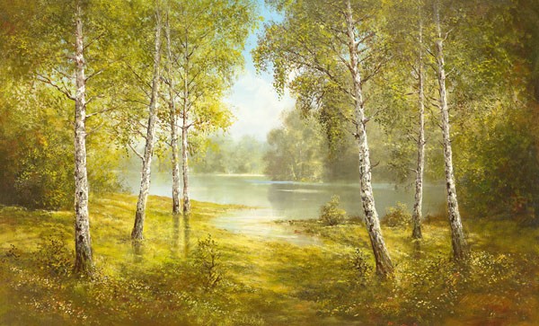 Helmut Glassl, POND SPINKA (Malerei, Landschaften, Natur,    Birken, Fluss, Einsamkeit, Idylle, Ruhe, Bäume, Nostalgie, Wohnzimmer, Treppenhaus, Wunschgröße, bunt)