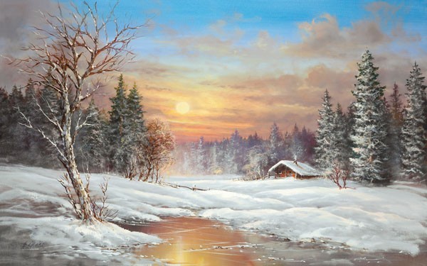 Helmut Glassl, TUNDRA NIGHT (Malerei, Landschaften, Natur, Wald, Winter, Schnee, Hütte, Teich, Tundra, Tannen, Idylle, Ruhe, Bäume, Einsamkeit, Wohnzimmer, Treppenhaus, Nostalgie,  Wunschgröße, bunt)