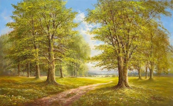 Helmut Glassl, ROMANTIC LANE I (Malerei, Landschaften, Natur,    Bäume, Wanderweg, Pfad, Einsamkeit, Idylle, Ruhe, Bäume, Nostalgie, Wohnzimmer, Treppenhaus, Wunschgröße, bunt)