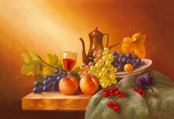 Fasani, STILL LIFE WITH FRUITS I (Malerei, Stilleben, Früchte, Obst, Trauben,  Äpfel, Küche, Gastronomie, Esszimmer, Wunschgröße, bunt)