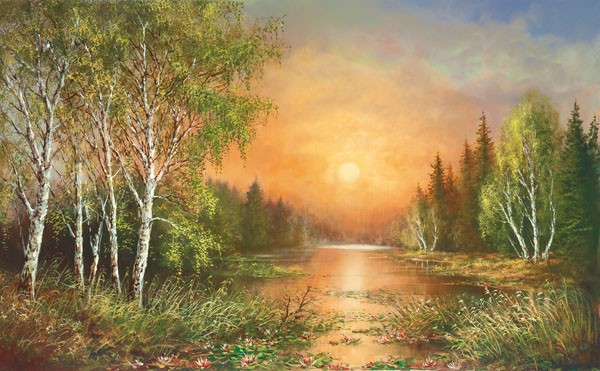 Helmut Glassl, SIBERIAN SUNSET (Malerei, Landschaften, Natur,    Birken, Fluss, Sonnenuntergang, Einsamkeit, Idylle, Ruhe, Bäume, Nostalgie, Wohnzimmer, Treppenhaus, Wunschgröße, bunt)