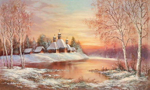 Helmut Glassl, KAUKASIAN MONASTERY (Malerei, Landschaften, Natur, Wald, Winter, Schnee, Fluss, Dorf, Kaukasus, Kloster, Dämmerung, Idylle, Ruhe, Bäume, Einsamkeit, Wohnzimmer, Treppenhaus, Wunschgröße, bunt)