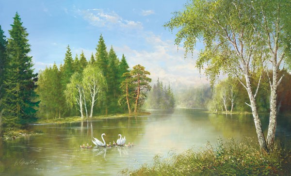 Helmut Glassl, BEAUTIFUL LAKE (Malerei, Landschaften, Natur, Wald, Seelandschaft, Schwäne, Birken, Idylle, Ruhe, Bäume, Wohnzimmer, Treppenhaus, Wunschgröße, bunt)