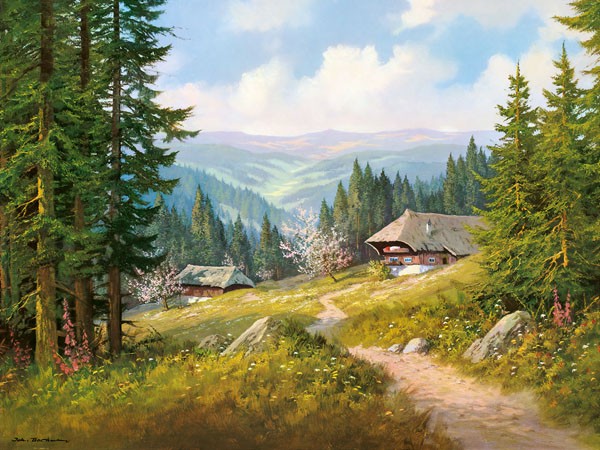 Joh. Bochmann, IM SCHWARZWALD (Landschaft, Landschaftsmalerei, Berge, Gebirge, Weg, Wanderweg, Gebirgshütten, Nostalgie, Idylle, Bäume, Wald, Waldesruh, Wunschgröße, Wohnzimmer, Malerei, bunt)