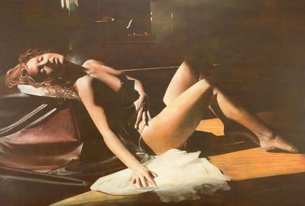 Antonio Sgarbossa, PAOLA (junge Frau, liegende Frau, Verführung, Erotik, Aktmalerei, lasziv, Pose, People & Eros, Menchen, Malerei, Wohnzimmer, Wunschgröße, bunt)