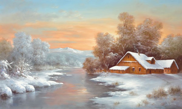 B. Smith, WINTER AT LAKE LADOGA (Landschaften, Winter, Bauernhof, Schnee, Eis, See, Kälte, Einsamkeit, Nostalgie, Malerei, Wohnzimmer, Treppenhaus, Wunschgröße, bunt)
