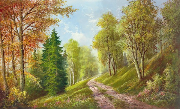 Helmut Glassl, MOUNTAIN PATH (Malerei, Landschaften, Natur,    Bergweg, Wanderweg, Pfad, Einsamkeit, Idylle, Ruhe, Bäume, Nostalgie, Wohnzimmer, Treppenhaus, Wunschgröße, bunt)