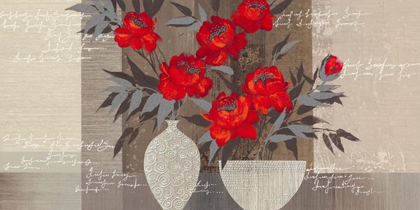 Christina, CRIMSON BEAUTY I (Blumen, Blüten, Blumenvasen, Stillleben, Schriftzug, modern, dekorativ, Treppenhaus,  Wohnzimmer, Wunschgröße, Malerei, rot/beige)