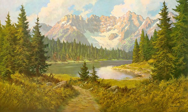 Joh. Bochmann, MISURINASEE (Landschaft, Landschaftsmalerei, Berge, Gebirge, Bergsee, Nostalgie, Idylle, Bäume, Wald, Waldesruh, Wunschgröße, Wohnzimmer, Malerei, bunt)