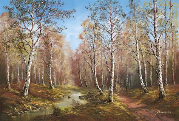 H. Buchner, ERSTER FRÜHLINGSTAG IN DER TAIGA (Landschaft, Landschaftsmalerei, Weg, Waldweg, Nostalgie, Idylle, Bäume, Birken, Ruhe, Einsamkeit, Wohnzimmer, Schlafzimmer, Treppenhaus, Malerei, Wunschgröße, bunt)