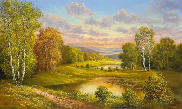 Helmut Glassl, IDYLLISCHER WEG (Malerei, Landschaften, Natur, See, Birken, Idylle, Wanderweg, Ruhe, Bäume, Nostalgie, Wohnzimmer, Treppenhaus, Wunschgröße, bunt)