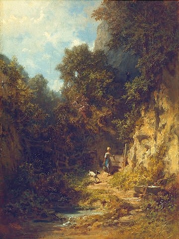 Carl Spitzweg, Mädchen mit Ziege. Um 1870. (Malerei, Klassiker, Landschaft, Ziegenhirtin, Ziege, Idylle, Wunschgröße, Spätromantik, Wohnzimmer, Treppenhaus, bunt)