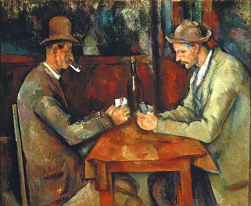 Paul Cézanne, Die Kartenspieler. Gegen 1890/95 (Cézanne,Paul,1839-1906,Paris,Musée d'Orsay,Öl auf Leinwand,Cézanne, Paul Cézanne,19. Jahrhundert,Post-Impressionismus,Interieur,Spiel,Spielen,Rauchen,Pfeife,Wirtshaus,Tisch,gegenüber,Hut,Männer,Weinflasche,schweigen,Kartenspiel,Karten)