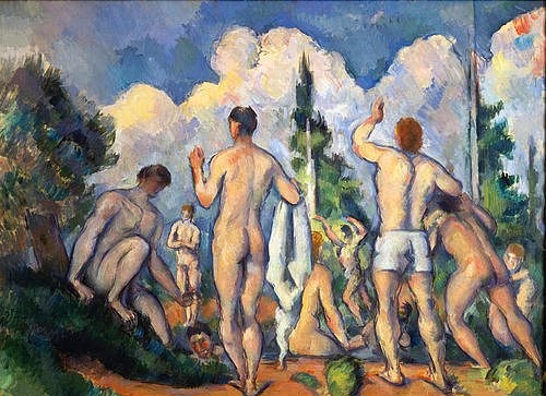 Paul Cézanne, Die Badenden. Gegen 1890/92 (Cézanne,Paul,1839-1906,Paris,Musée d'Orsay,Öl auf Leinwand,Cézanne, Paul Cézanne,Cezanne,19. Jahrhundert,Baden,badende,Post-Impressionismus,Rückenansicht,von hinten,Akt,Gruppe,Sommer,draußen,im Freien,Wolke,Körper,Bewegung,Studie,Positur,Posituren,Körpers)