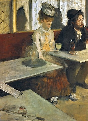 Edgar Degas, Im Café (oder: Der Absinth). 1875/76 (Degas,Edgar,1834-1917,Paris,Musée d'Orsay,Öl auf Leinwand,Degas, Edgar Degas,19. Jahrhundert,Gefühle,Trinken,Alkohol,Wirtshaus,Paar,Junges Paar,Spirituosen,betrunken,Realität,realistisch,realitätsnah,passiv,teilnahmslos,apathisch,Langweile,Großstadt,Café,)