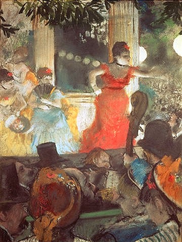 Edgar Degas, Im Café-Concert Les Ambassadeurs. 1875/77 (Degas,Edgar,1834-1917,Lyon,Musée des Beaux-Arts,Pastell,Degas, Edgar Degas,19. Jahrhundert,Impressionismus,Oper,Opernsängerin,Operette,Sängerin,Unterhaltung,Musik,Theater,Bühne,rotes Kleid,Zuschauer,Zuhörer, französischer impressionismus,impressionistisch)