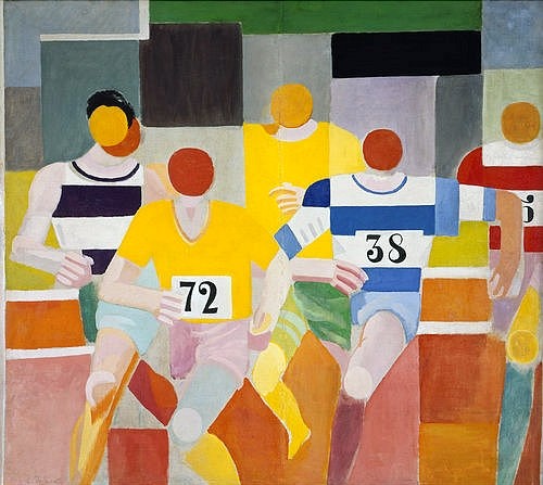 Robert Delaunay, Die Läufer (Les Coureurs). 1926. (20. Jahrhundert,Öl auf Leinwand,1885-1941,Delaunay,Robert,Privatbesitz,Sport,Delaunay, Robert 1885-1941,Läufer,Sportler,Leichtathlet,Leichtathletik,Wettlauf,Trikot Nummern Nummer rennen)