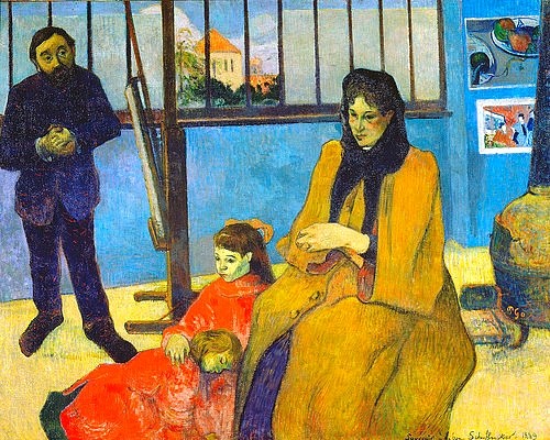 Paul Gauguin, Die Familie Schuffenecker. 1889 (Gauguin,Paul,1848-1903,Paris,Musée d'Orsay,19. Jahrhundert,Portrait,Post-Impressionismus,Familie,Gauguin, Paul 1848-1903,Postimpressionismus,Staffelei,Atelier,Familienbildnis,Kinder,Tochter,Fenster,Louise,Gruppenbild,Maler,Künstler,Künstlerportrait)