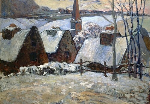 Paul Gauguin, Bretonisches Dorf im Winter. 1894 (Gauguin,Paul,1848-1903,Paris,Musée d'Orsay,Öl auf Leinwand,Gauguin,Paul Gauguin,19. Jahrhundert,Bretagne,Winter,Frankreich,Dorf,Dorfansicht,Schnee,schneebedeckte Dächer,Giebel,Dachgiebel,verschneit)