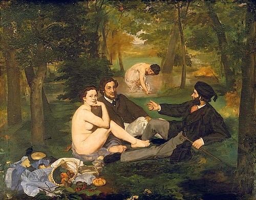 Édouard Manet, Das Frühstück im Grünen. / Dejeuner sur l'Herbe. 1863 (Manet,Édouard,1832-1883,Paris,Musée d'Orsay,19. Jahrhundert,Impressionismus,Landschaft,französischer,wald,picknick,Essen,Weiblicher Akt,Paar, Junge,Manet, Edouard,impressionistisch,anfänge,obstkorb,freizügig)