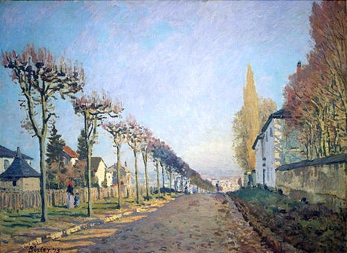 Alfred Sisley, Chemin de la Machine (oder: La route du chemin de Sèvres). 1873 (Sisley,Alfred,Paris,Musée d'Orsay,1839-1899,Öl auf Leinwand,19. Jahrhundert,Strasse,Straße,Frankreich,Sisley, Alfred Sisley,Allee,Louveciennes,Impressionismus,Weg,Tiefenwirkung,Perspektive,Fluchtpunkt,Zentralperspektive,Landstraße,Bäume,Tiefe,Frühjahr,Bau)