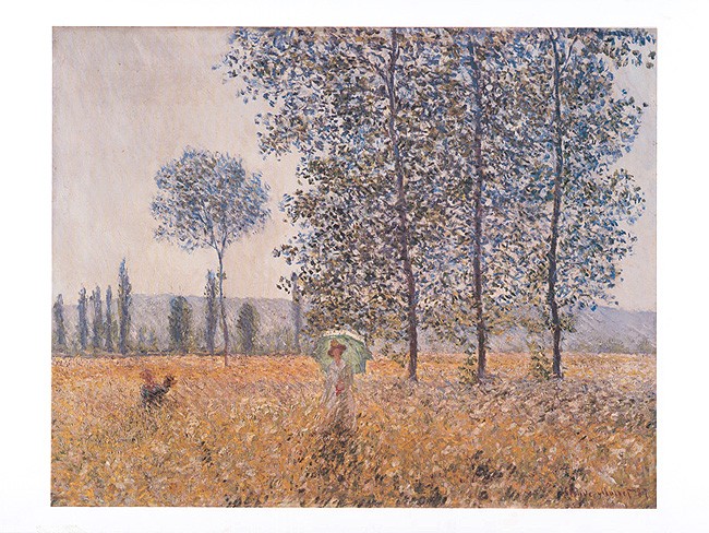 Claude Monet, Felder im Frühling (Offset) (Frühling, Frau, Spaziergang, Freizeit, Feld, Idylle, Impressionismus, Malerei, Frankreich, Schlafzimmer, Wohnzimmer, Wintergarten, bunt, Klassiker,)