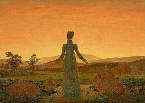 Leinwandbild, Caspar David Friedrich, Frau vor der untergehenden Sonne. Um 1818 (Essen,Museum Folkwang,Friedrich,Caspar David,1774-1840,Öl auf Leinwand,19. Jahrhundert,Friedrich, Caspar David Friedrich,Frau,Romantik,Sonnenaufgang,Rückenfigur,offene Arme)