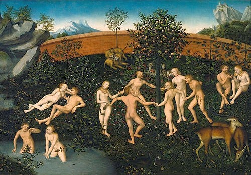 LUCAS CRANACH Der Ältere, Das goldene Zeitalter. Um 1530 (Allegorie, Garten, paradies, nackte Männer und Frauen, Tanz, Vergnügen, Frieden, Harmonie, Paare, Reigen, Hirsch, Löwen, Klassiker, Renaissance, Wunschgröße, Wohnzimmer)