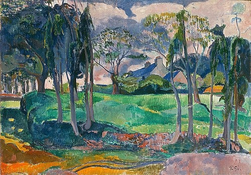 Paul Gauguin, Bretonische Landschaft mit Gehöft. 1894 (Öl auf Leinwand,19. Jahrhundert,1848-1903,Gauguin,Paul,Privatbesitz,Frankreich,Gauguin, Paul 1848-1903,Bretagne,Bauernhaus,Farmhaus,Bäume)