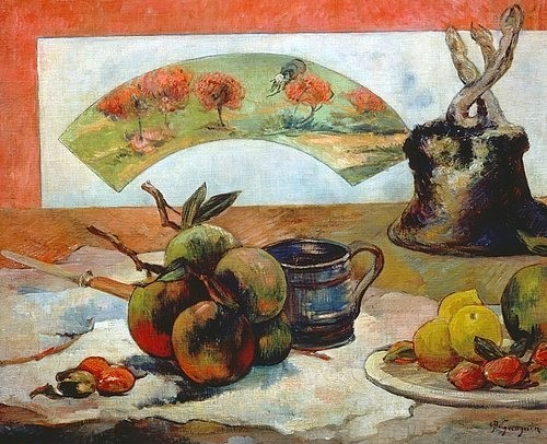 Paul Gauguin, Stilleben mit Fächer. Gegen 1889 (Gauguin,Paul,1848-1903,Paris,Musée d'Orsay,Öl auf Leinwand,Stillleben,Post-Impressionismus,Obst,Stillleben,Gauguin, Paul 1848-1903,Äpfel,Zitronen,Studie,Tisch,Tasse,Messer,Fächer,Früchte,Obstmesser)