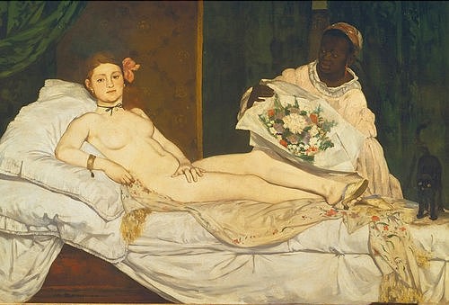 Édouard Manet, Olympia. 1863. (Manet,Édouard,1832-1883,Paris,Musée d'Orsay,Öl auf Leinwand,19. Jahrhundert,Impressionismus,Weiblicher Akte,Akt,Manet, Edouard 1832-1883,Frau,Dienerin,Schwarze Afrikanerin,Victorine Meurent Schönheit Blumen Blumenstrauß Bett Prosituierte Kurtisane liegen)