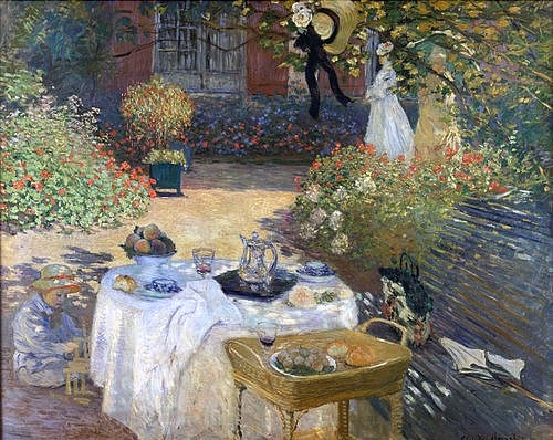 Claude Monet, Le Déjeuner (im Garten Claude Monets in Argenteuil). Um 1873. (Monet,Claude,1840-1926,Paris,Musée d'Orsay,Claude Monet,französischer Impressionismus,Garten,Essen,sonnenlicht,sonnig,blumen,kind,frauen,idylle,idyllisch)