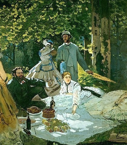 Claude Monet, Le déjeuner sur l'herbe (mit den Malern Courbet und Bazille). 1865/66. (Monet,Claude,1840-1926,Paris,Musée d'Orsay,19. Jahrhundert,Impressionismus,französischer,Essen,  Wandern, wald,  Monet,   Claude 1840-1926,  Picknick, monet,claude monet,französischer,impressionismus,impressionistisch,französisch)